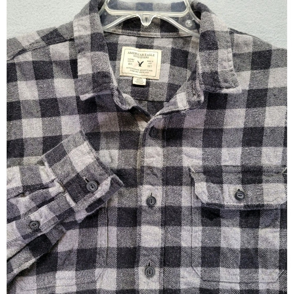 American Eagle Flannel Shirt Size Large Checkered Long Sleeve Gray Black‎ Dad